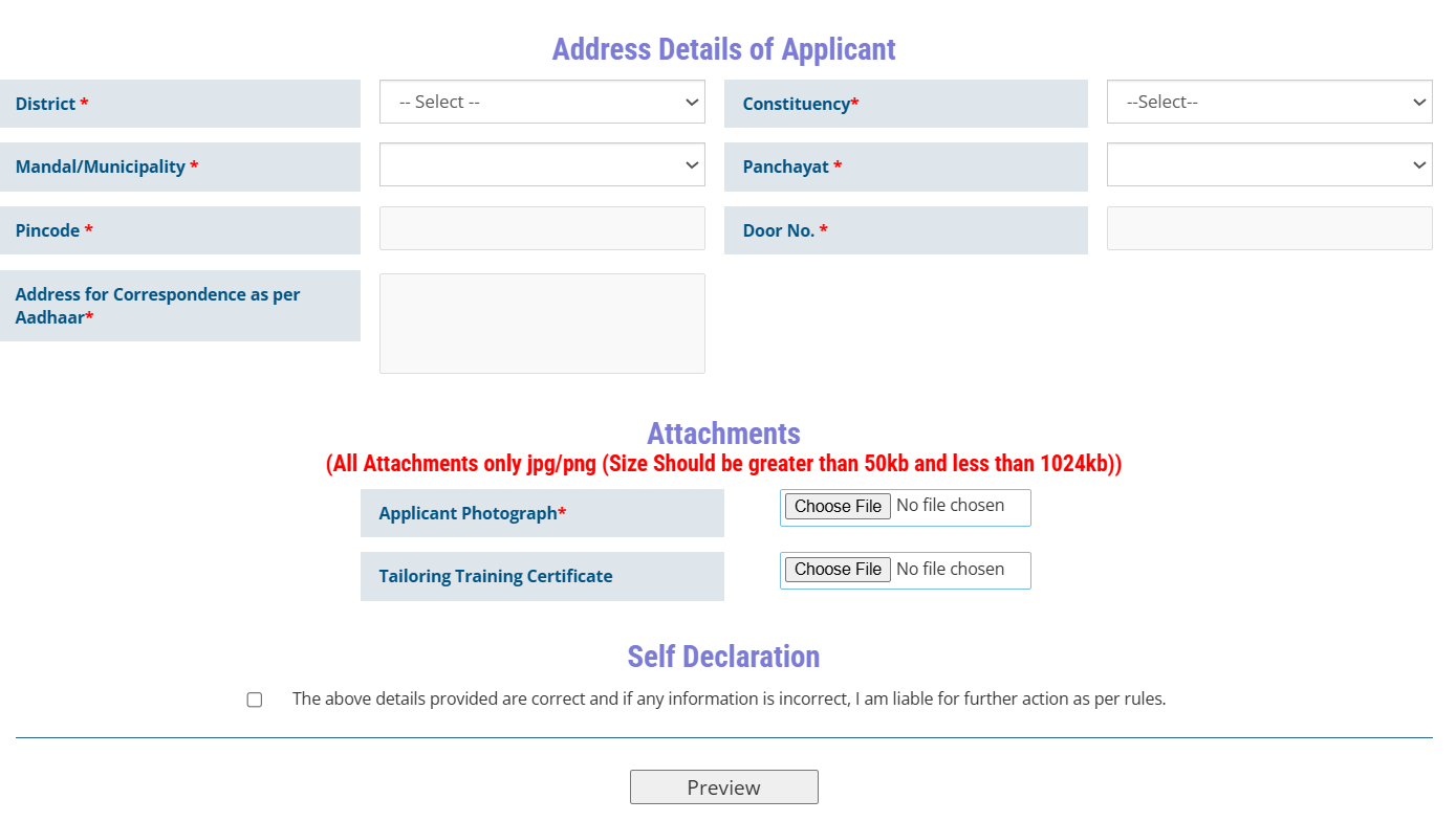 Indiramma Kuttu Machine application form - Address Details and Attachments section